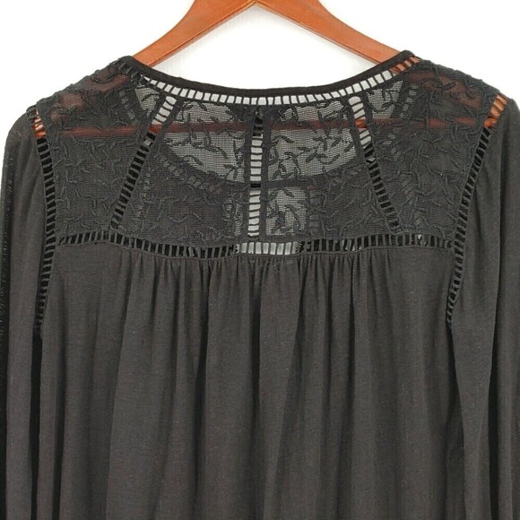 Lucky Brand Top Women Small Black Peasant Lace Crochet Linen-Modal Blouse Flowy - Picture 6 of 13